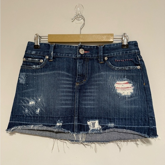 Vintage Y2K American Eagle Distressed Bedazzled Denim Micro Mini Skirt Size 6 - Picture 1 of 9
